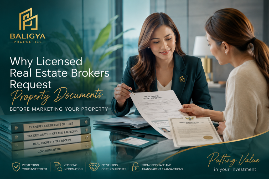 Licensed real estate broker reviewing property documents with a seller before marketing a property.